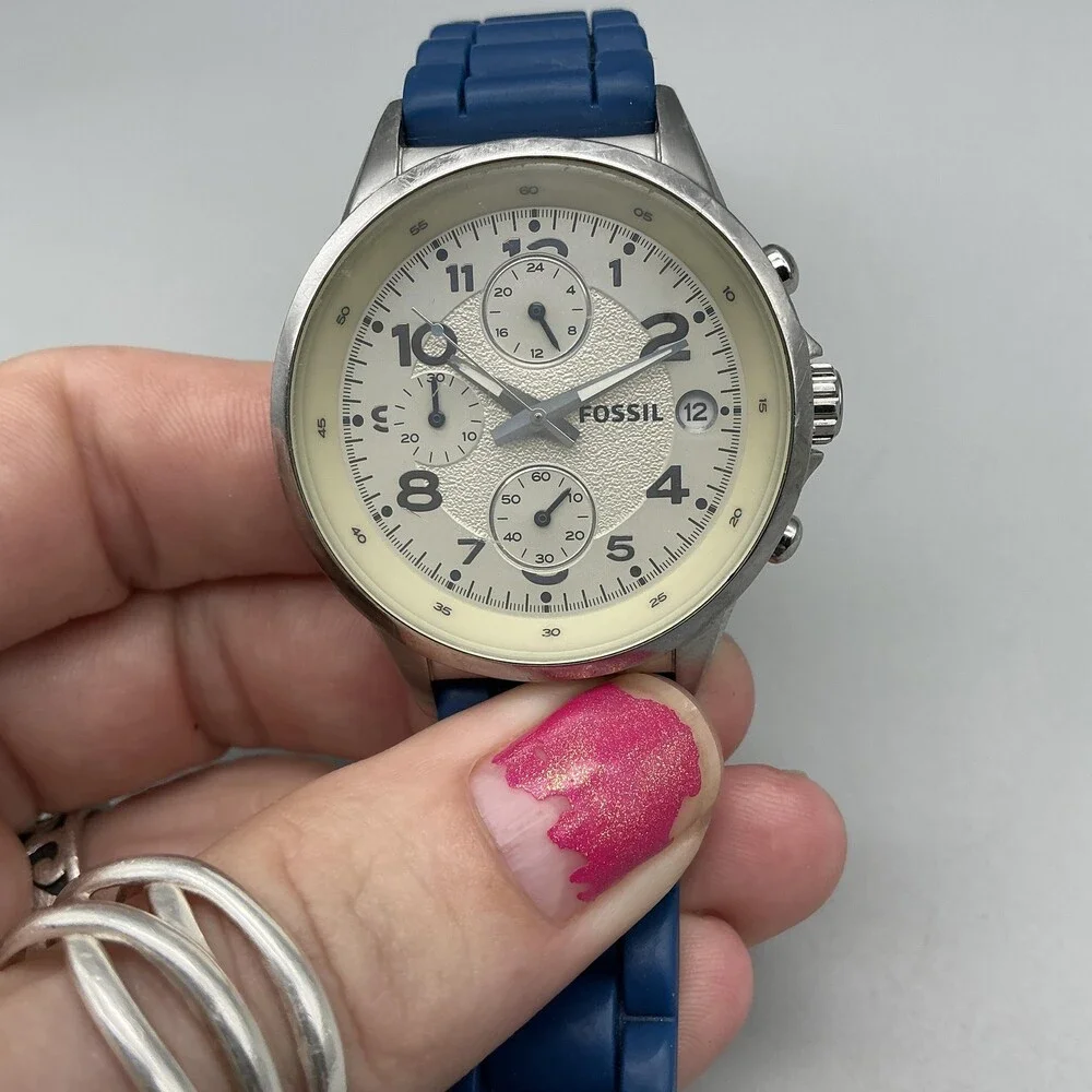 Fossil Maddox CH-2474 Mens Watch 38mm Blue Silicone Chronograph Stainless